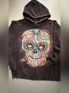 The Mountain Black Hoodie with Multicolor Floral Skull Print